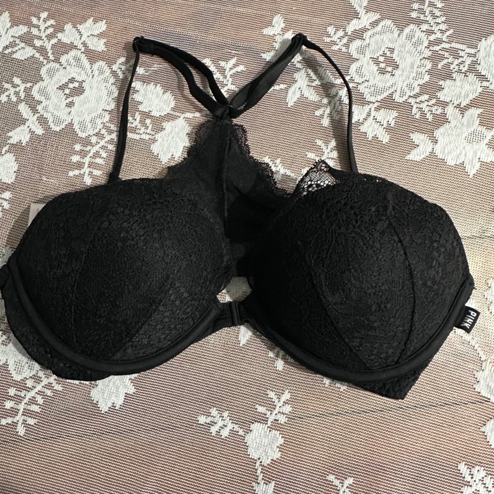 PINK Victoria's Secret Push-Up Bra Womens 32D Black Good Lace Front-Clasp T-Back